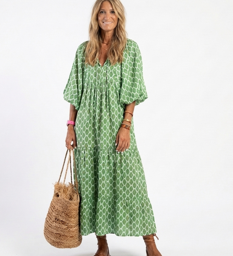 Celine | Painettu kolmevarttinen hiha ja V-pääntie midimekko